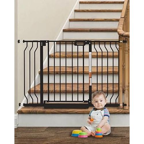 Mom's Choice-GROWNSY Baby Gate for Stairs, 29.5"-48.4" Pressure Mounted Baby Gate for Top of Stair&Doorway with Y-Spindle Rods, Anti-Trip Pedal, Wide Stairs Dog Gate Easy Install w/Red Reminder,Black