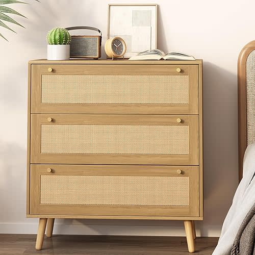 Rattan 3 Drawers Dresser, Modern Wooden Dresser with Gold Handles, Wood Storage Chest of Drawers for Closet, Living Room, Hallway, Natural