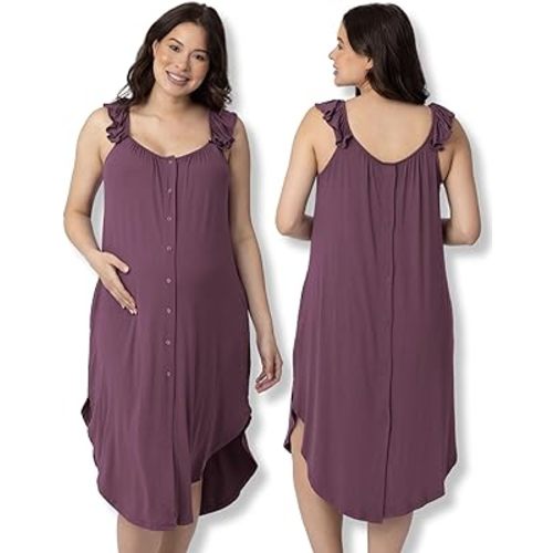 Kindred Bravely Ruffle Strap 3-in-1 Labor and Delivery Gown for Hospital, Postpartum Nursing (Burgundy Plum, X-Large/1X)
