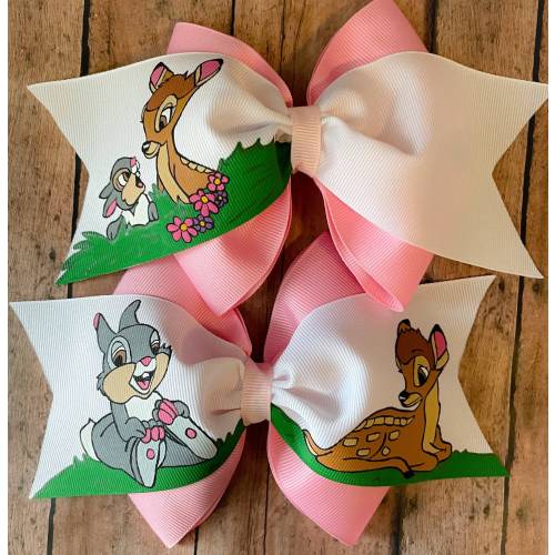 Disney inspired Bambi and Thumper hand painted hair bow, Bambi, Thumper, Deer, Fawn, Bunny, girls hair bow.