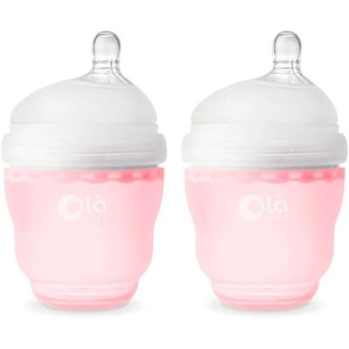 Olababy Gentle Silicone Baby Bottle, Anti-Colic, BPA free, Easy to Clean and Wide Neck Baby Bottles Best for Breast Feeding Babies 2 Piece Set (4 oz, Rose)