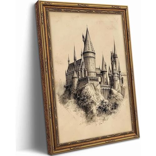 Vintage Gold Framed Canvas Wall Art Castle Sketch Painting Picture Wall Decor The Wizarding Medieval Theme Poster Print Artwork for Nursery Living room Bedroom Bathroom Home Decoration