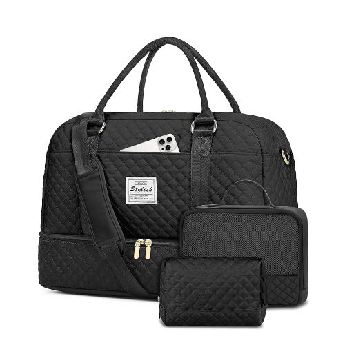 Women Weekender Travel Duffle Bag: Large Overnight Bags with Shoe Compartment Carry on Bags with Toiletry Bag Weekend Yoga Gym Bag with Wet Pocket Travel Duffel Tote Bag Hospital Bag Black