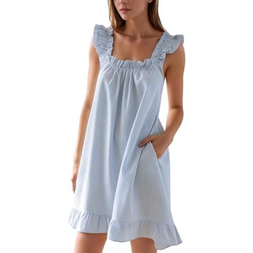 Flygo Nightgowns for Women Cotton Ruffle Sleepwear House Dresses Striped Sleeveless Night Gown Sleep Dress with Pockets