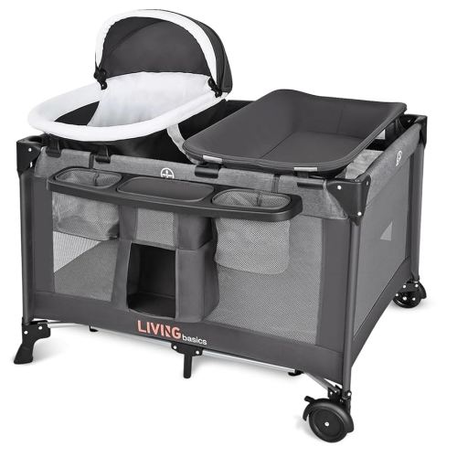 LIVINGbasics 4 in 1 Baby Playard, Foldable Baby Bassinet with Removable Cradle and Changing Table for Home/Travel/Outdoor