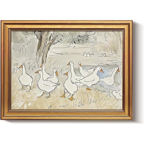 Bzstyleart Vintage Wall Art Decor for Living Room, Gold Framed Canvas Wall Art Home Aesthetic, Vintage Duck Decor, Duck Painting, 12 x 16 Inch