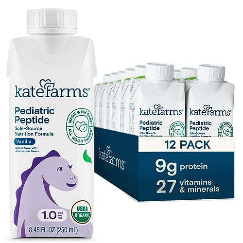 Kate Farms Pediatric Peptide 1.0, Sole-Source Nutrition Formula, Organic Enzymatically Hydrolyzed Plant-Based Protein Drink, Meal Replacement for Oral & Tube Feeding, 8.45 fl. oz., Vanilla, Case of 12