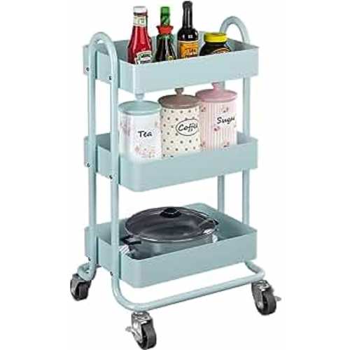 Amazon.com: MIOCASA 3-Tier Metal Utility Rolling Cart, Heavy Duty Multifunction Cart with Lockable Casters, Easy to Assemble, Suitable for Office, Bathroom, Kitchen, Garden (Pink) : MIOCASA: Office Products