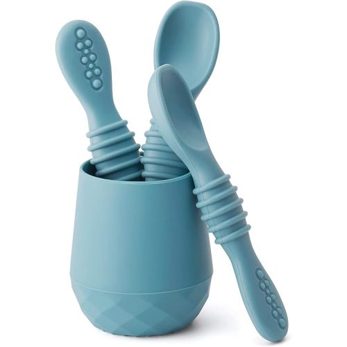 SAMiGO Silicone Baby Utensils - Self Feeding Spoons and Tiny Training Cup - First Stage Baby Led Weaning Supplies for 6 Months+ Infants - Set of 4