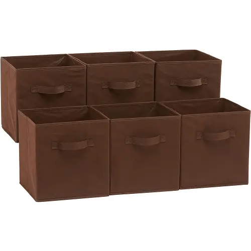 Amazon Basics Collapsible Fabric Storage Cubes Organizer with Handles, 10.5"x10.5"x11", Brown - Pack of 6