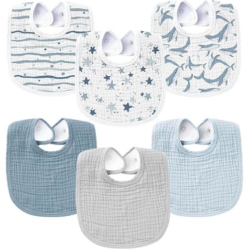 Konssy 6-Pack Muslin Baby Bibs for Boys & Girls, Soft Cotton Absorbent Bandana Drool Bibs for Drooling & Teething