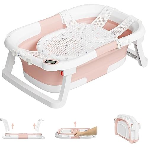 Collapsible Baby Bathtub,Baby Bath Tub with Soft Cushion & Thermometer,Baby Bathtub Newborn to Toddler 0-36 Months,Portable Travel Baby Tub, Blue, Bath Tub Pro