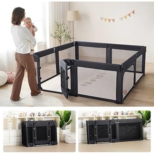 Baby Playpen,Large Play Pen for Babies and Toddlers with Door 79x71 Inch, Adjustable Playpen Non-Slip Suction Cups Base Safe and Sturdy, Indoor Outdoor Playard,Black