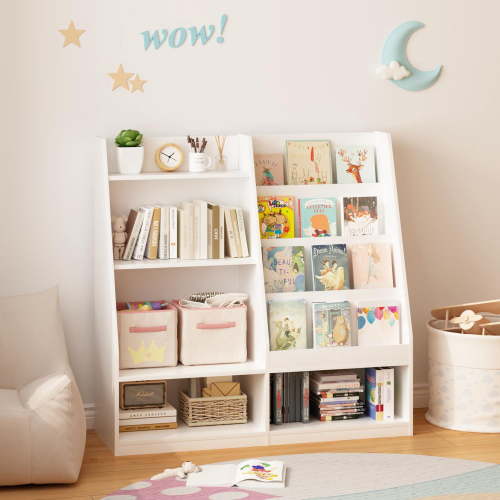 Kids Bookshelf, 4-Tier Wooden Bookcase With Toy Storage Bin And Display Stand, MDF Board With Anti-Tipping Device For Books And Toys In Kids Room Nursery, 35.43 x 11.81 Inch White