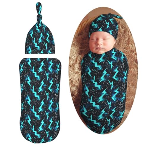 Muishi Neon Blue Lightning Bolt Newborn Swaddle Blankets Hat Sets Soft Baby Receiving Blanket Swaddle Sack for Baby Shower Infant Boy Girl Gift