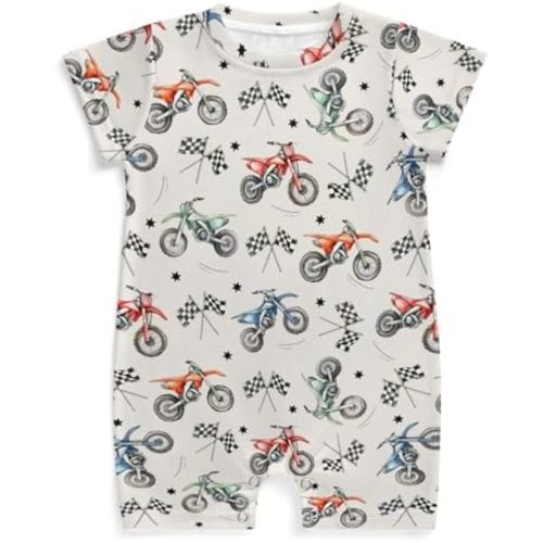 Vintage Motor Dirt Bike Baby Romper Cute Race Bikes Plaid Checker Flag Stars One-Piece Jumpsuits