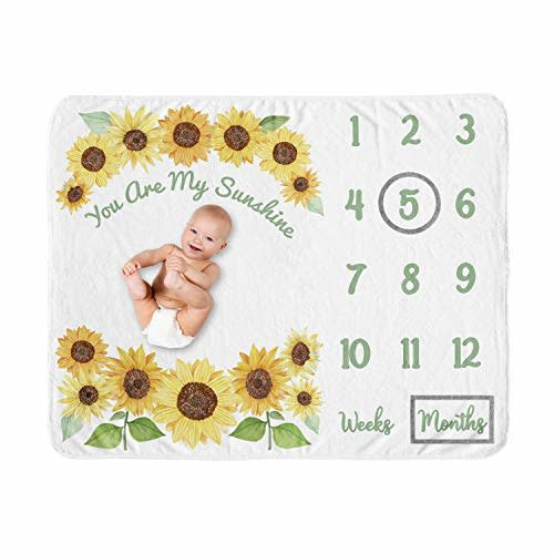 Sunflower Girl Milestone Blanket Monthly Newborn First Year Growth Mat Baby Shower Memory Keepsake Gift Picture - Yellow and Green Farmhouse Watercolor Flower You are My Sunshine