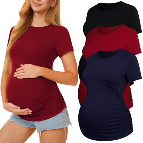 MIRAZEN 3 Pack Womens Maternity Shirts - Crew Neck Maternity Top Short Sleeve Pregnancy Tee Shirts