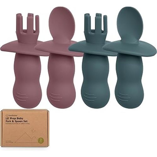 KeaBabies 4-Pack Silicone Baby Spoons and Forks Set - Baby Spoon Self Feeding, BLW Baby Utensils 6-12 Months, Baby Led Weaning Feeding Spoon, Teething Infant Baby First Food Training Pre Spoon (Rocky)