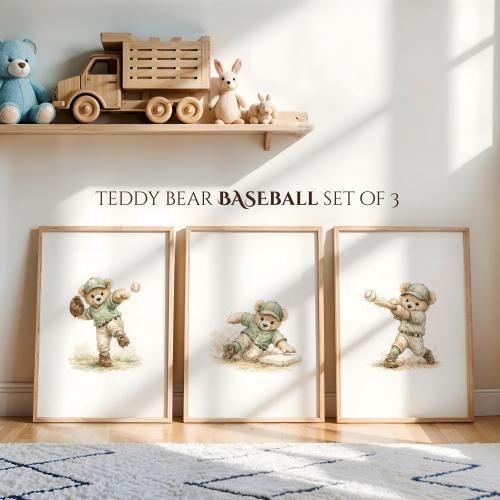 Baseball Teddy Bear Nursery Wall Art Set of 3 – Baby Boy Sports Room Decor, Vintage Watercolor Prints