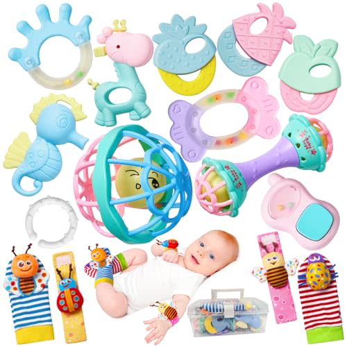 15PCS Rattles for Babies 0-6 Months - BPA-Free Baby Rattles 0-3, 6-12 Months for Newborn Soft Teething Toys Infant Toys with Wrist & Ankle Rattles, Baby Gift Set with Box for Hand-Eye Coordination