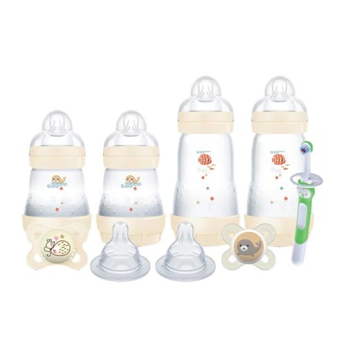 MAM Welcome Home Feeding Set, Newborn Essentials Must Have for 0-3 Months, Including 9 Piece, Easy Start Anti-Colic Baby Bottle, Pacifiers, Skinsoft Silicone Nipples, Training Toothbrush, Baby Gift