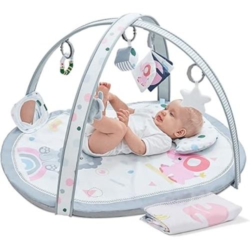 Baby Play Mat, ibabejoy Stage-Based Play Gym with 2 Machine Washable Mat Covers for Newborn to Toddler, 7 in 1 Activity Mat for Infant Sensory & Motor Skills Development, Thicker Non-Slip