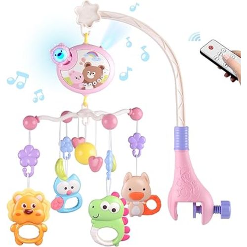 Crib Mobile with Music and Lights, Baby Mobiles for Cribs, Nursery Musical Mobile for Bassinets Toys Hanging Girls Boys, Pack and Play Space Portable Animal Mobile Hanger Arm Clip On Attachment