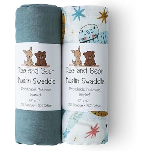 Muslin Swaddle Blankets for Newborn Baby, Buttery Soft and Breathable Receiving Blanket Bamboo Rayon and Cotton Blend, Large Size 47 x 47 Inch, 2 Pack of Blue and Space Cats