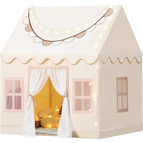 Wilwolfer Play Tent for Kids Indoor: with Mat, Star Lights, Banners - Kids Play Tent Indoor Toddlers Play Tent Large Toddler Tent for Kids Toy House Gift for Boys & Girls - Cream Playhouse