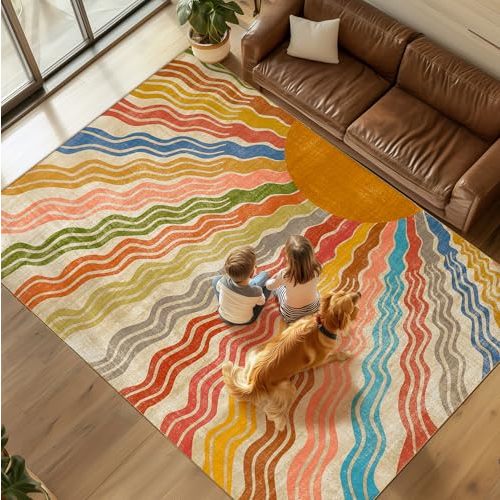 Washable 9x12 Sun Area Rug for Living Room, Rainbow Sun Modern Retro Large Area Rugs, Ultra Thin Low Pile Lightweight Soft Indoor Floor Carpet with Non-Slip Backing for Bedroom Kids Nursery Play Room