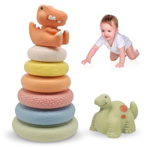 8 Pcs Stacking & Nesting Baby Toys, Squeeze Soft Teething Baby Toys and Building Circles with Two Cute Dinosaur Figures, Newborn Essentials for 6 12 18 Months Baby Toddler Boys Girls
