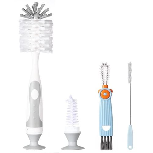 5-in-1 Baby Bottle Cleaner Set, Including Nylon & Silicone Bottle Brush, Cap, Straw & Nipple Brushes, BPA-Free (Grey)