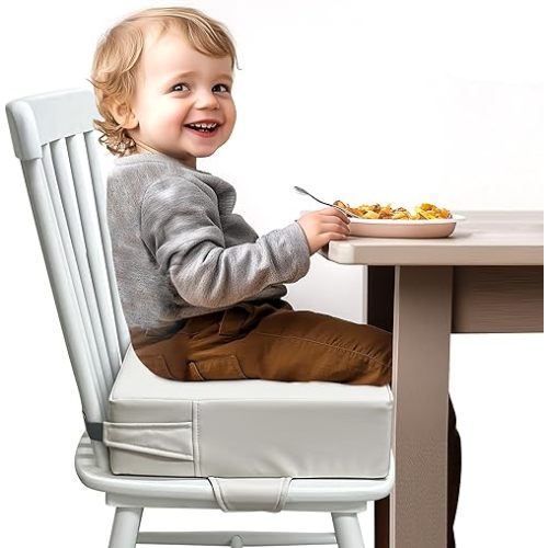 Booster Seat for Kitchen Chair (PU Material),Toddler Booster Seats for Dining Table Portable for Travel Camping Eating Double Safe Straps Non-Slip Bottom( Light Grey)
