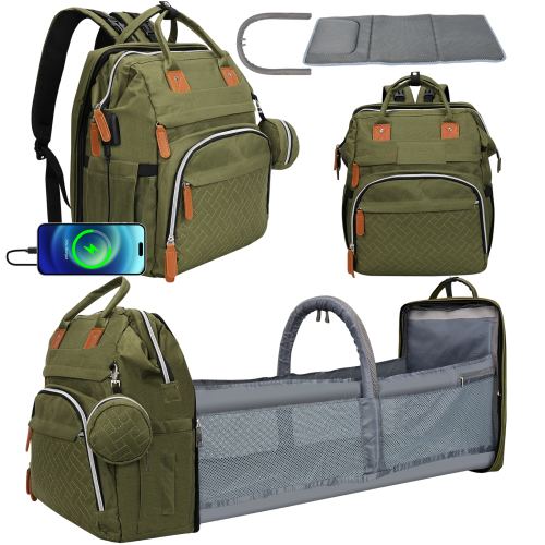 Derstuewe Baby Diaper Bag Backpack, Waterproof Changing Pad, USB Charging Port, Army Green Color