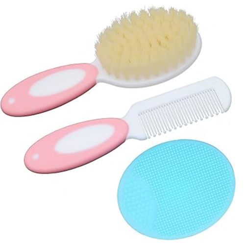 Baby Hair Brush &Silicone Baby Cradle Cap Brush Set, for Newborns & Toddlers-Natural Soft Goat Bristles-Ideal for Cradle Cap-Perfect Baby Registry Gift (Pink)