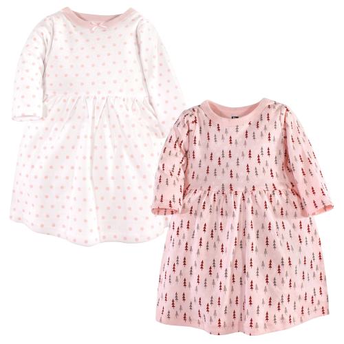 Hudson Baby Infant and Baby Girl Cotton Long-Sleeve Dresses 2pk, Winter Forest Long-Sleeve
