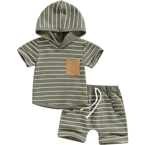 TheFound Cute Newborn Baby Boy Clothes Short Sleeve Hooded Tops with Pocket Drawstring Short Casual Summer Outfits (Army Green, 0-6 Months)