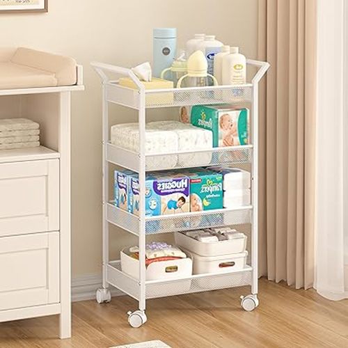 Baby Diaper Caddy, 4-Tier Diaper Caddy Organizer and Storage, Rolling Utility Cart for Baby Supplies, Movable Cart with Wheels for Bedroom, Nursery, Changing Table, White