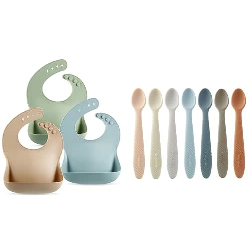 PandaEar Set of 3 Cute Silicone Bibs & 7 Pack Silicone Baby Feeding Spoons