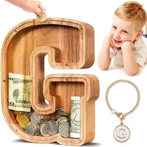 SummiDate Wooden Letter Piggy Bank for Kids| Piggy Bank for Boys Girls Toddler| Alphabet G Money Bank| Personalized Initial Wood Coin Bank Birthday for Kids (G)