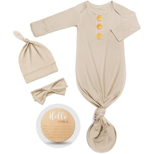 Soft Baby Knot Gown 0-3 Months, Newborn Announcement Sleepers With Mitten Cuffs and Personalized Wooden Name Tag