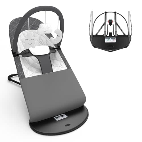 HOUSEHOLD WORLD Portable Baby Bouncer Seat for Babies 0-18 Months, 100% Cotton Fabrics, Adjustable Multi Position Baby Bouncer Seat, Infant Rocker Chair with Hanging Toys-Dark Grey