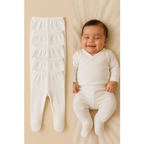 White 5 Pack 100% Cotton Flannel footed pants (0-3M) - Babybasic