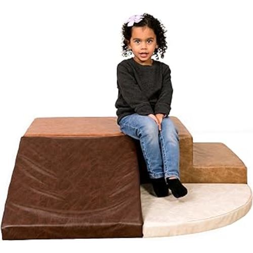 FDP Rustic Western Toddler Playtime Corner Climber, Distressed Faux Hide Leather, Indoor Active Play Structure for Toddlers and Kids, Safe Soft Foam for Crawling and Sliding (4-Piece Set), 11619-DA