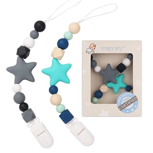 TYRY.HU Pacifier Clip Baby Boys Paci Clip Teething Silicone Beads Teether Toys Soothie Binky Holder Birthday Christmas Shower Gift 2 Pack (Turquoise, Grey) - Turquoise / Grey