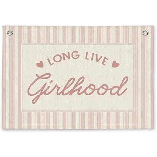 Preppy Long Live Girlhood Pink Striped Girls Room Decor - Linen Banner Wall Hanging Canvas Banner Flag Decor for Girly Nursery Toddler Playroom Bedroom Dorm Apartment