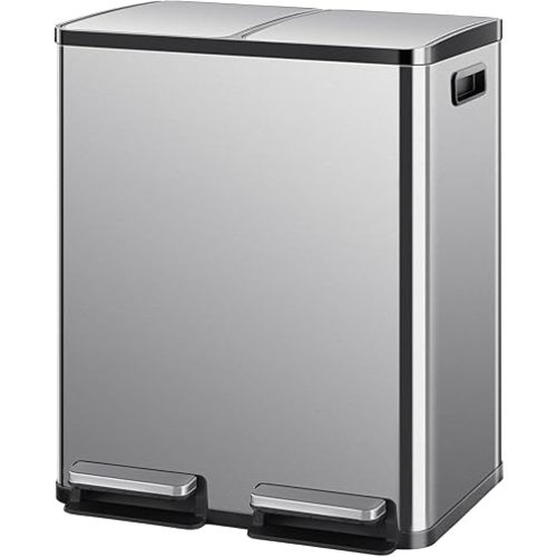 Sweetcrispy Kitchen Trash Can with Lid, 2 x 8 Gallon Garbage Dustbin, with Soft-Close Foot Pedal and Removable Inner Bucket, 60 Liter Large Stainless Waste Bin for Bathroom Bedroom Home Office