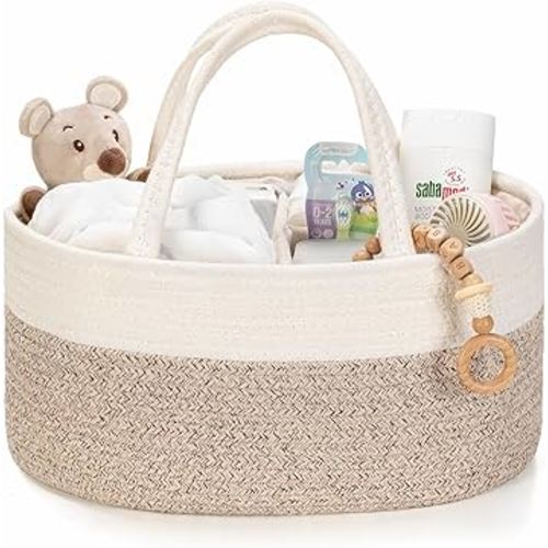 Diaper Caddy Organizer, Baby Storage Basket, Nursery Bin and Car Organizer for Diapers, Gift Basket for Baby Shower List or Newborn Essentials, Boys and Girls - White and Beige Brown