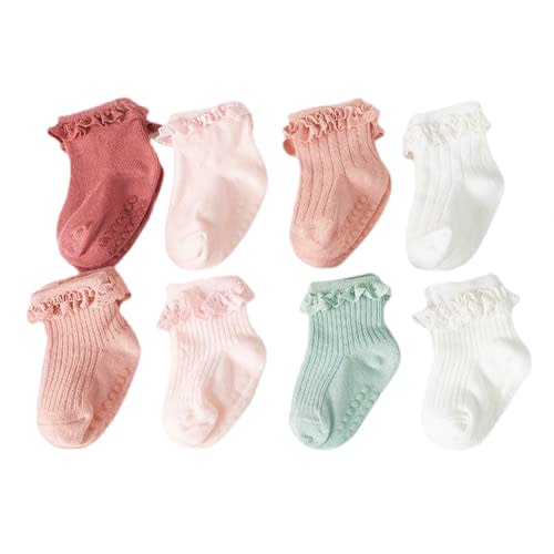 JUNOAI Toddler Girls Anti Slip Socks - Non Skid Frilly Ruffle Design with Grips for Baby 0-3 Years (Pack of 8)